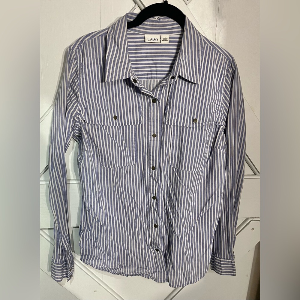Large Blue and White Striped Button Down Shirt